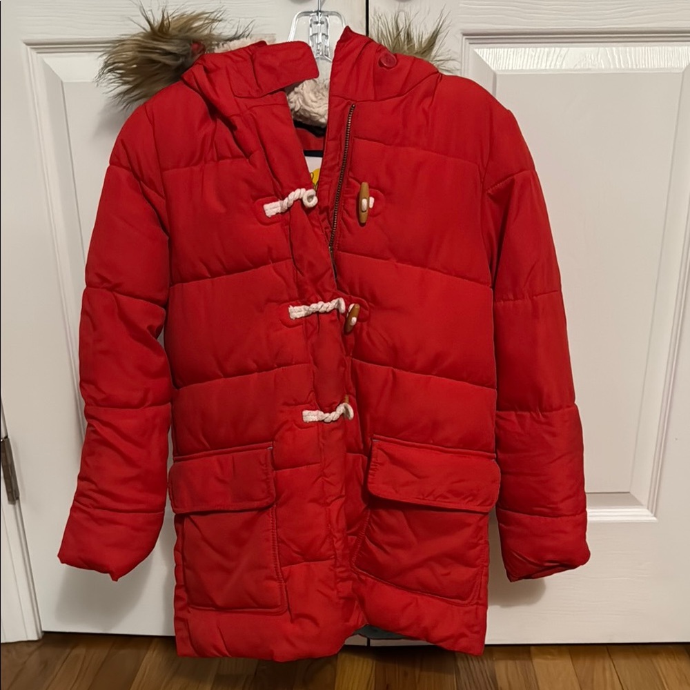 Boden Red Kids Jacket with Faux Fur Hood